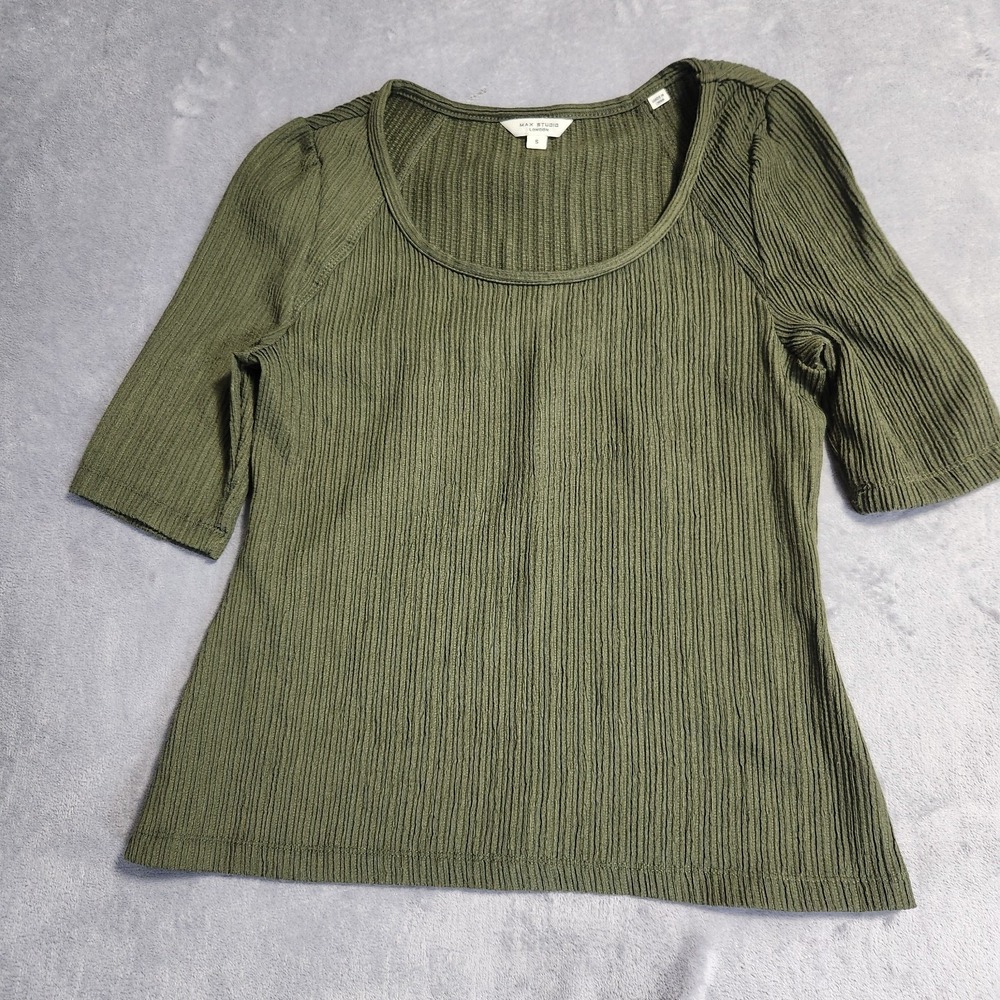 New Max Studio London Olive Green Ribbed Knit Scoop Neck Top Small S Minimalist